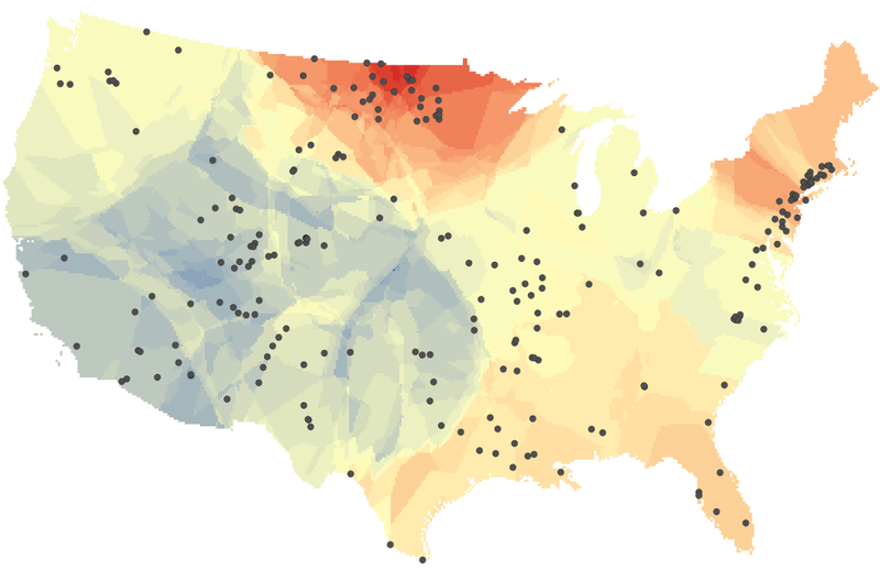 Map showing changes in the salt content of fresh water in rivers and streams across the United States over the past half century. Warmer colors indicate increasing salinity while cooler colors indicate decreasing salinity. The black dots represent the 232 U.S. Geological Survey monitoring sites that provided the data for the study. Graphic credit: Ryan Utz/Chatham University